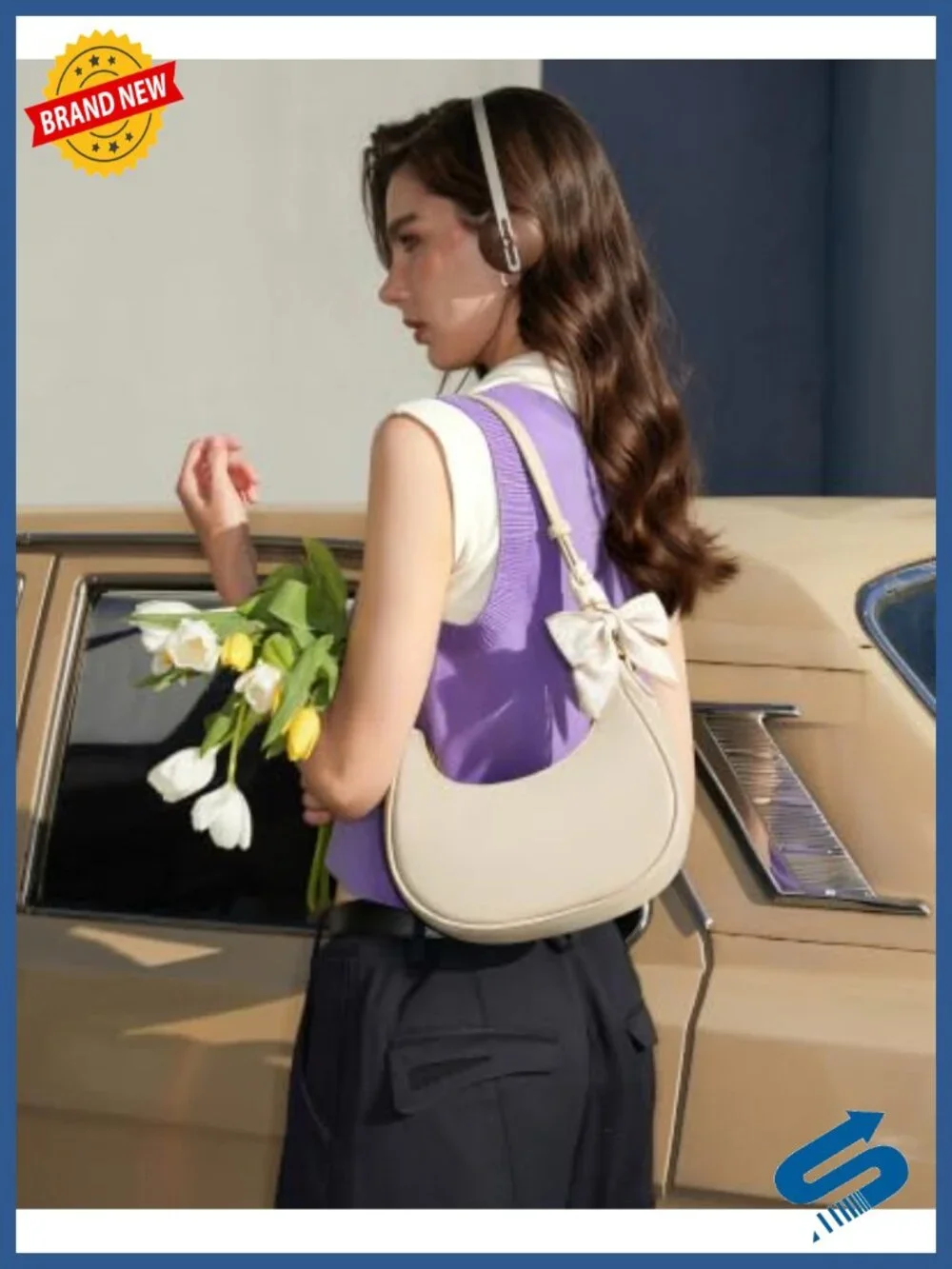 Litchi Leather Underarm Purse Hobo Shoulder Bag with Scarf